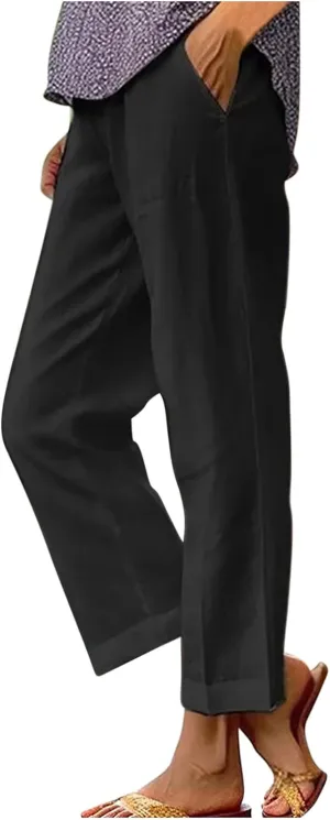 Cotton Linen Pants for Women Straight Leg Elastic Waist Pants Loose Fit Casual Trousers Plus Size Slack 2024 Fashion