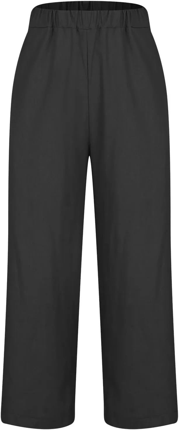 Cotton Linen Pants for Women Straight Leg Elastic Waist Pants Loose Fit Casual Trousers Plus Size Slack 2024 Fashion