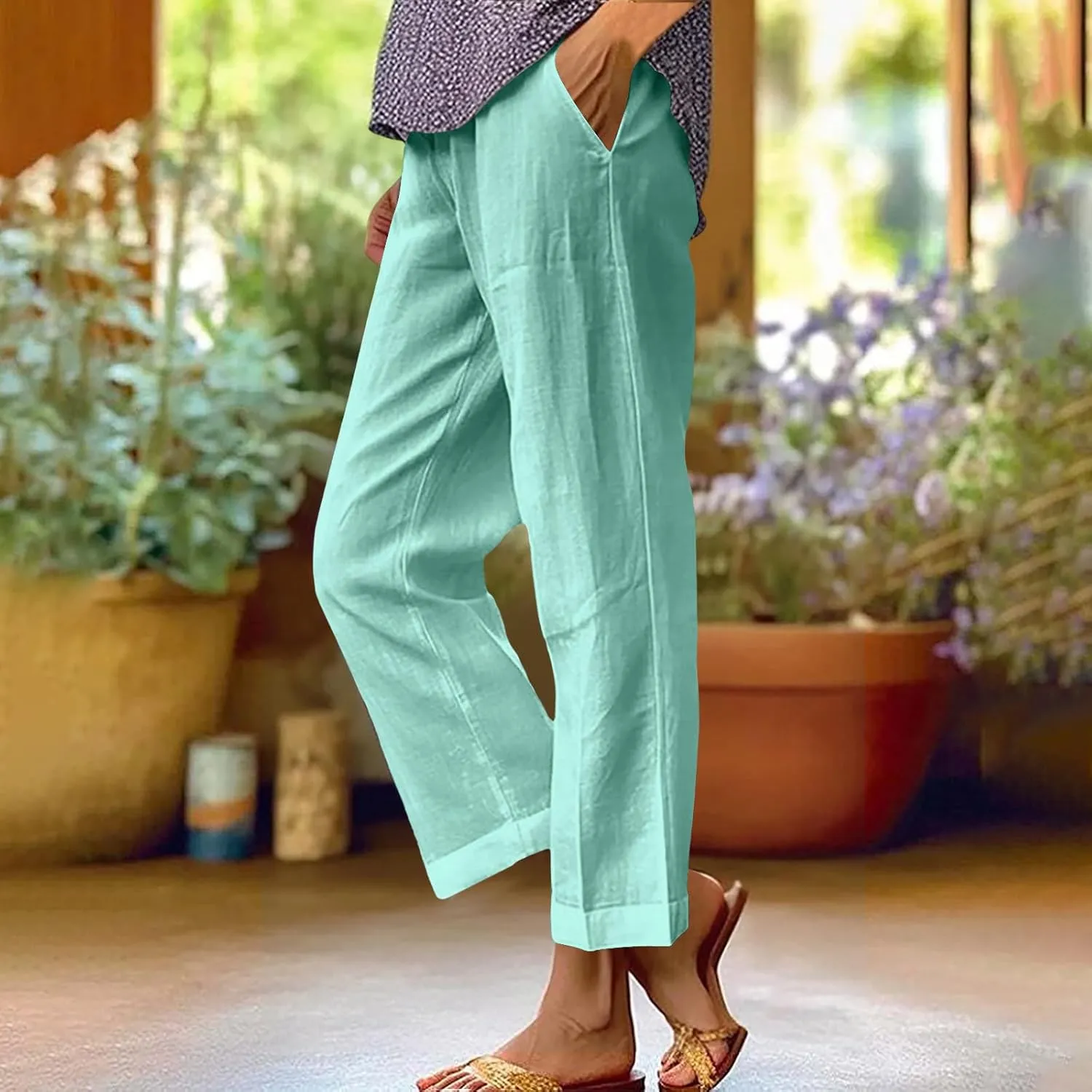 Cotton Linen Pants Women Elastic High Waist Straight Leg Lounge Pants Casual Slacks Summer Jogger Trouser with Pockets