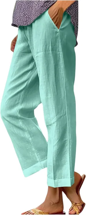 Cotton Linen Pants Women Elastic High Waist Straight Leg Lounge Pants Casual Slacks Summer Jogger Trouser with Pockets