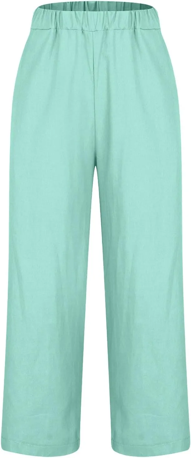 Cotton Linen Pants Women Elastic High Waist Straight Leg Lounge Pants Casual Slacks Summer Jogger Trouser with Pockets