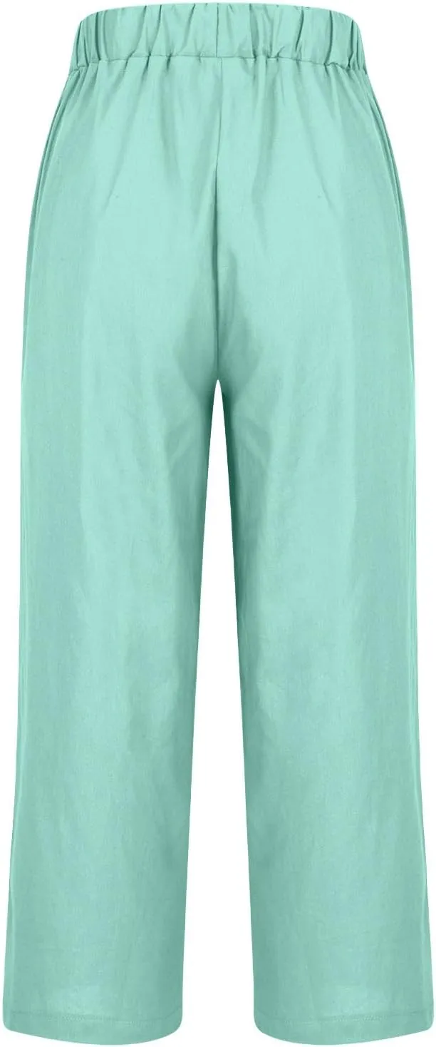 Cotton Linen Pants Women Elastic High Waist Straight Leg Lounge Pants Casual Slacks Summer Jogger Trouser with Pockets