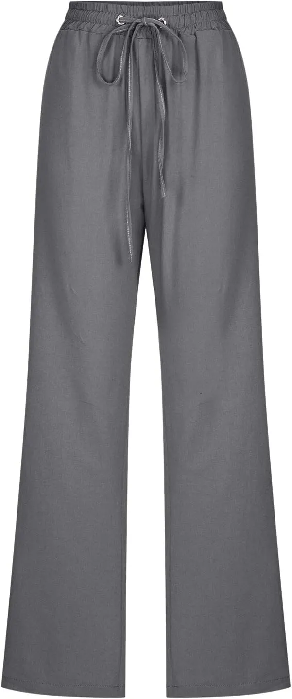 Cotton Linen Pants Women Straight Leg Casual Loose Fit Elastic High Waist Boho Sweatpant Drawstring Palazzo Trouser