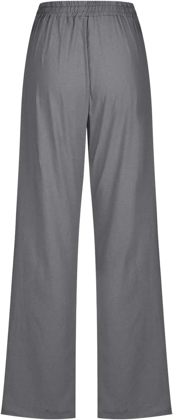 Cotton Linen Pants Women Straight Leg Casual Loose Fit Elastic High Waist Boho Sweatpant Drawstring Palazzo Trouser