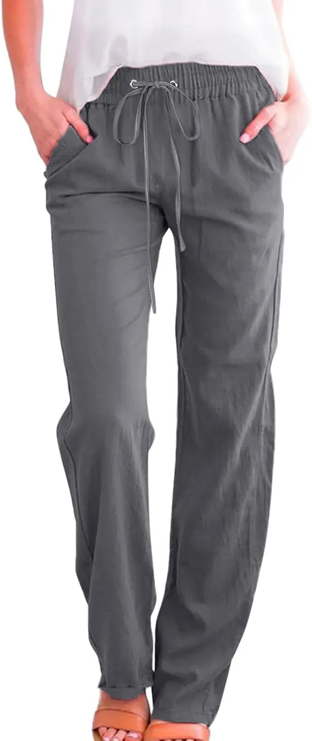 Cotton Linen Pants Women Straight Leg Casual Loose Fit Elastic High Waist Boho Sweatpant Drawstring Palazzo Trouser