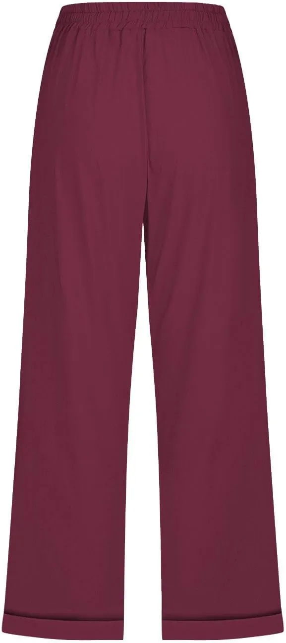 Cotton Linen Pants Women Summer Drawstring High Waist Straight Leg Pants Lightweight Breathable Trousers with Pocket