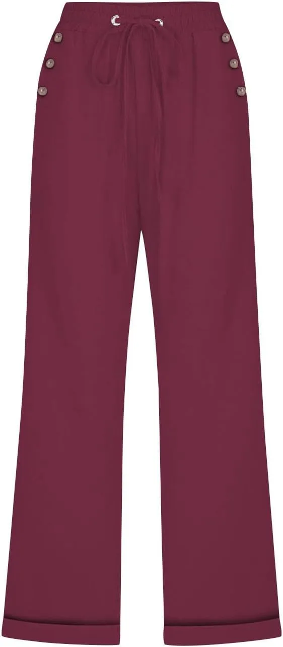 Cotton Linen Pants Women Summer Drawstring High Waist Straight Leg Pants Lightweight Breathable Trousers with Pocket