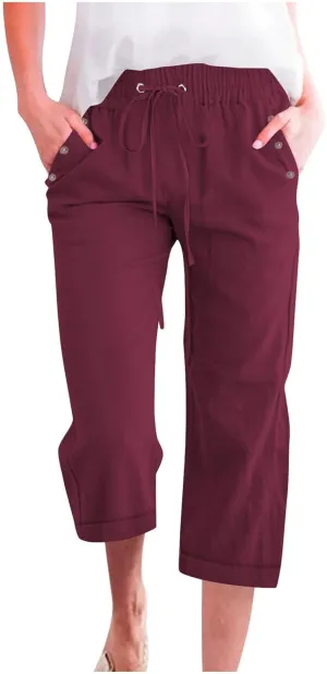 Cotton Linen Pants Women Summer Drawstring High Waist Straight Leg Pants Lightweight Breathable Trousers with Pocket