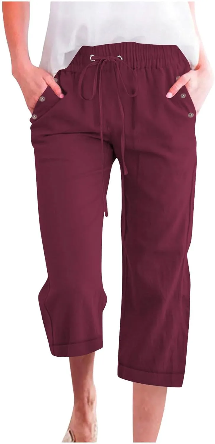 Cotton Linen Pants Women Summer Drawstring High Waist Straight Leg Pants Lightweight Breathable Trousers with Pocket