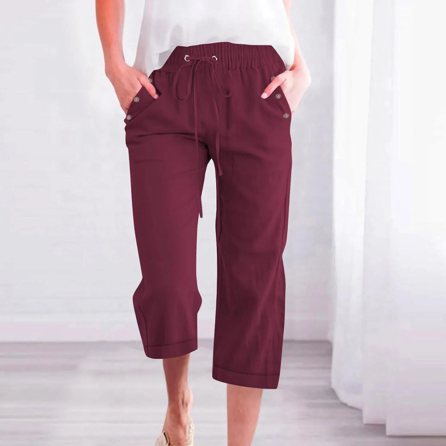 Cotton Linen Pants Women Summer Drawstring High Waist Straight Leg Pants Lightweight Breathable Trousers with Pocket