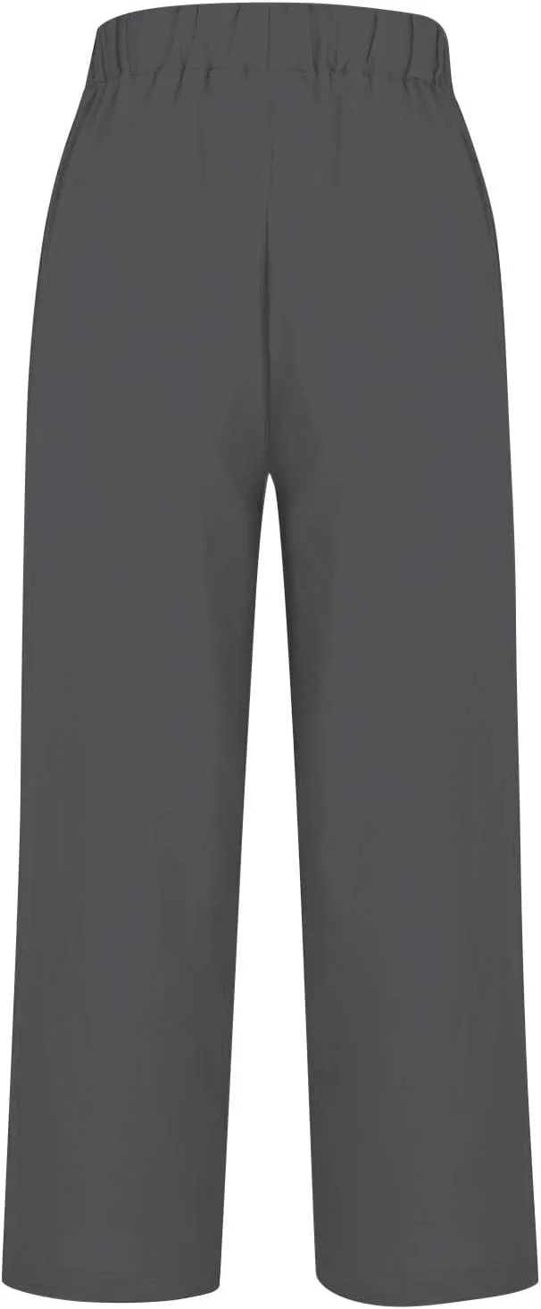 Cotton Linen Pants Women Summer Elastic Waist Palazzo Pants Plus Size Straight Leg Slack Casual Trouser with Pockets
