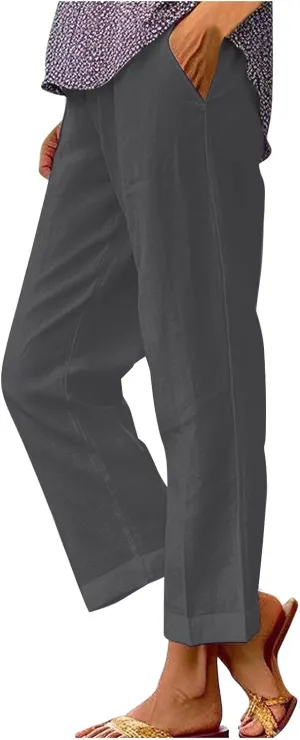 Cotton Linen Pants Women Summer Elastic Waist Palazzo Pants Plus Size Straight Leg Slack Casual Trouser with Pockets