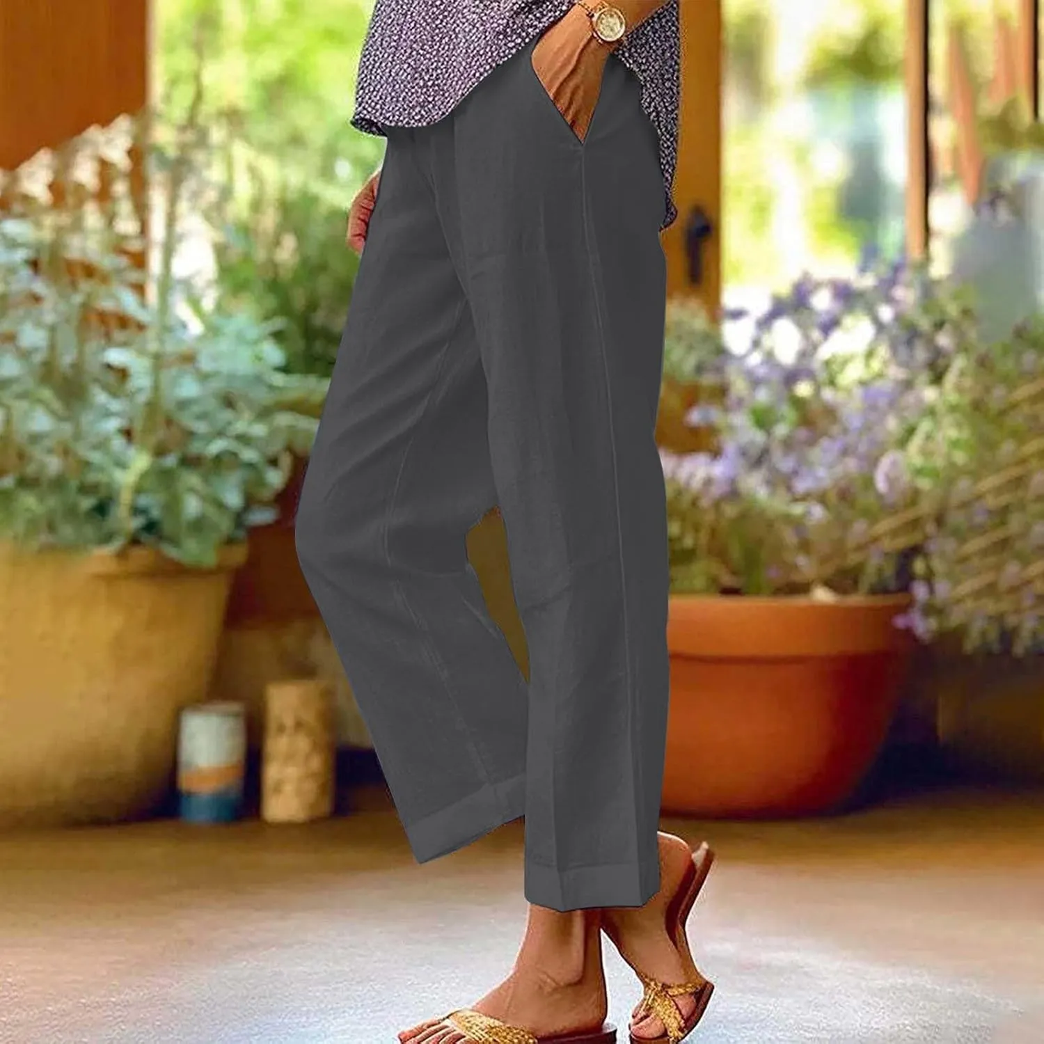 Cotton Linen Pants Women Summer Elastic Waist Palazzo Pants Plus Size Straight Leg Slack Casual Trouser with Pockets