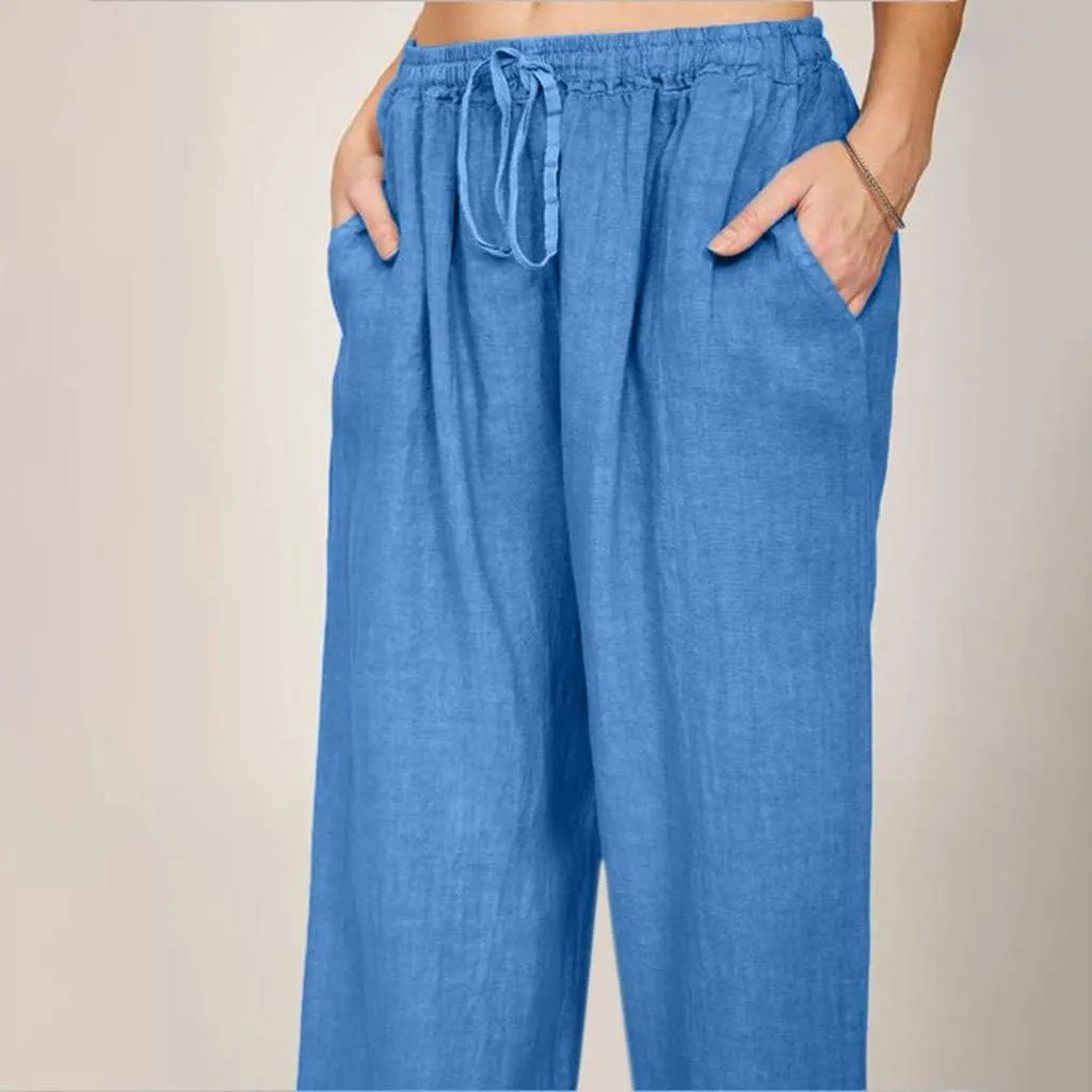 Cotton Linen Summer Pants Women Casual High Waist Drawstring Loose Fit Lightweight Long Palazzo Gauze Trousers