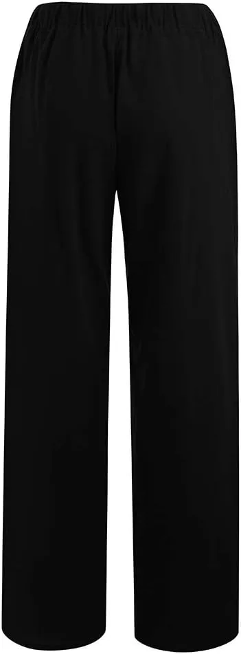 Cotton Linen Summer Pants Women Casual High Waist Drawstring Loose Fit Lightweight Long Palazzo Gauze Trousers