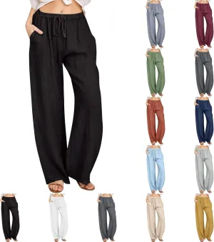 Cotton Linen Summer Pants Women Casual High Waist Drawstring Loose Fit Lightweight Long Palazzo Gauze Trousers