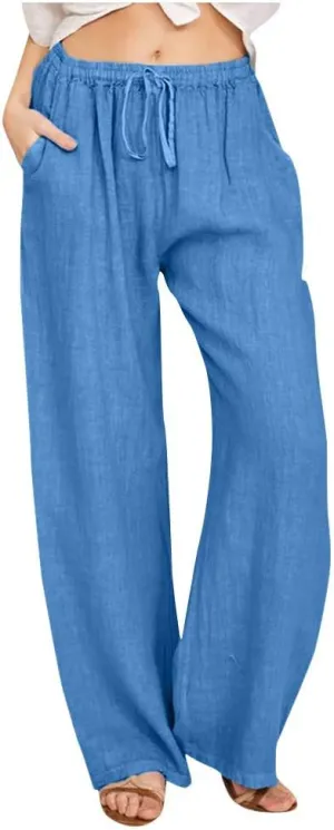 Cotton Linen Summer Pants Women Casual High Waist Drawstring Loose Fit Lightweight Long Palazzo Gauze Trousers