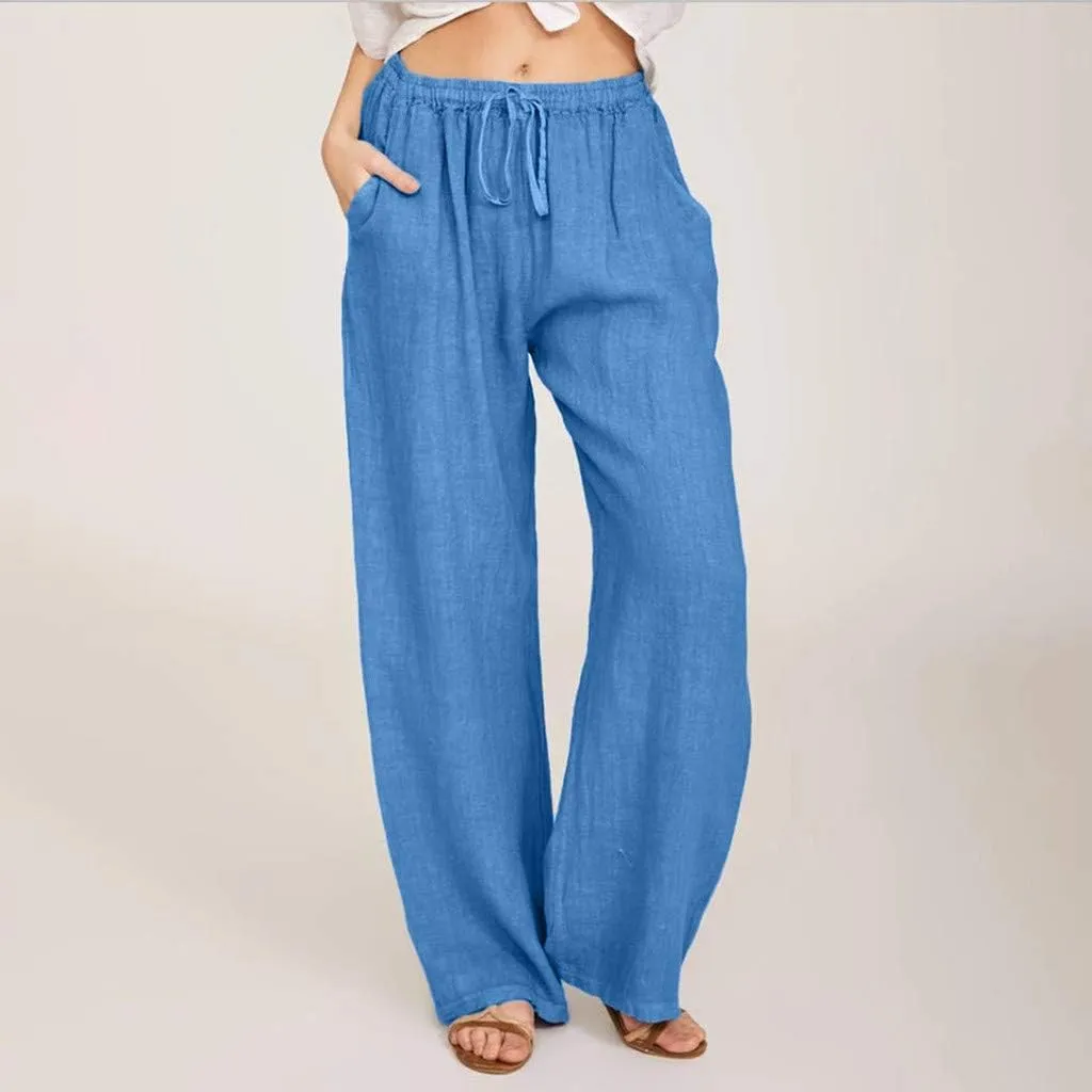 Cotton Linen Summer Pants Women Casual High Waist Drawstring Loose Fit Lightweight Long Palazzo Gauze Trousers