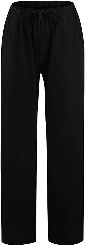 Cotton Linen Summer Pants Women Casual High Waist Drawstring Loose Fit Lightweight Long Palazzo Gauze Trousers