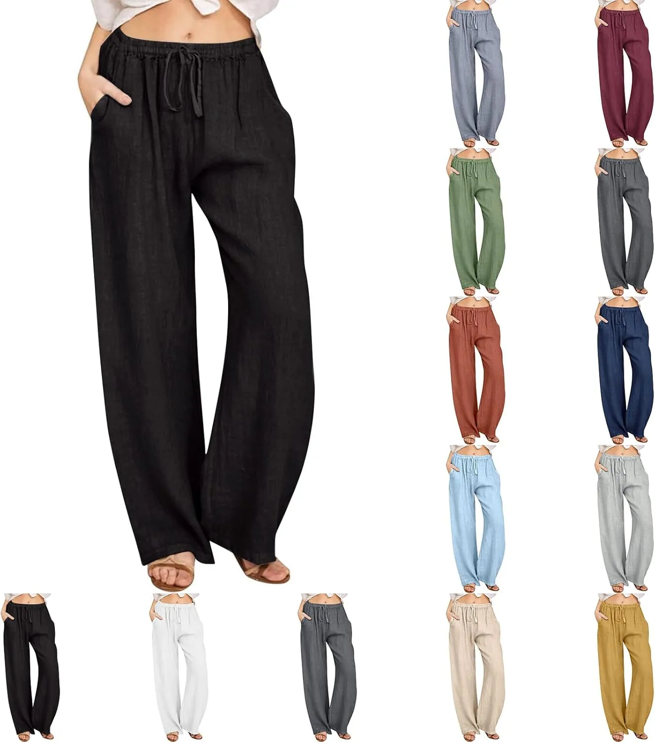 Cotton Linen Summer Pants Women Casual High Waist Drawstring Loose Fit Lightweight Long Palazzo Gauze Trousers