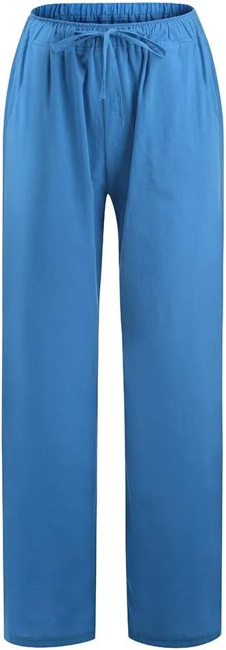 Cotton Linen Summer Pants Women Casual High Waist Drawstring Loose Fit Lightweight Long Palazzo Gauze Trousers