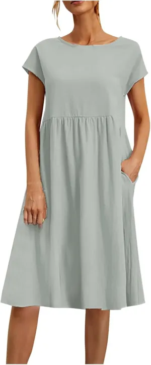 Crew Neck Summer Dresses For Women 2025 Short Sleeve Loose Fit Tunic Beach Dresses Patchwork Solid Shirt Sundress