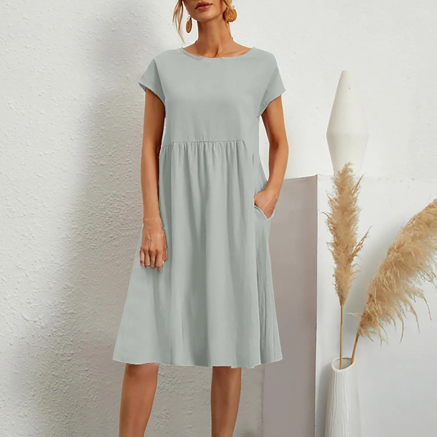 Crew Neck Summer Dresses For Women 2025 Short Sleeve Loose Fit Tunic Beach Dresses Patchwork Solid Shirt Sundress
