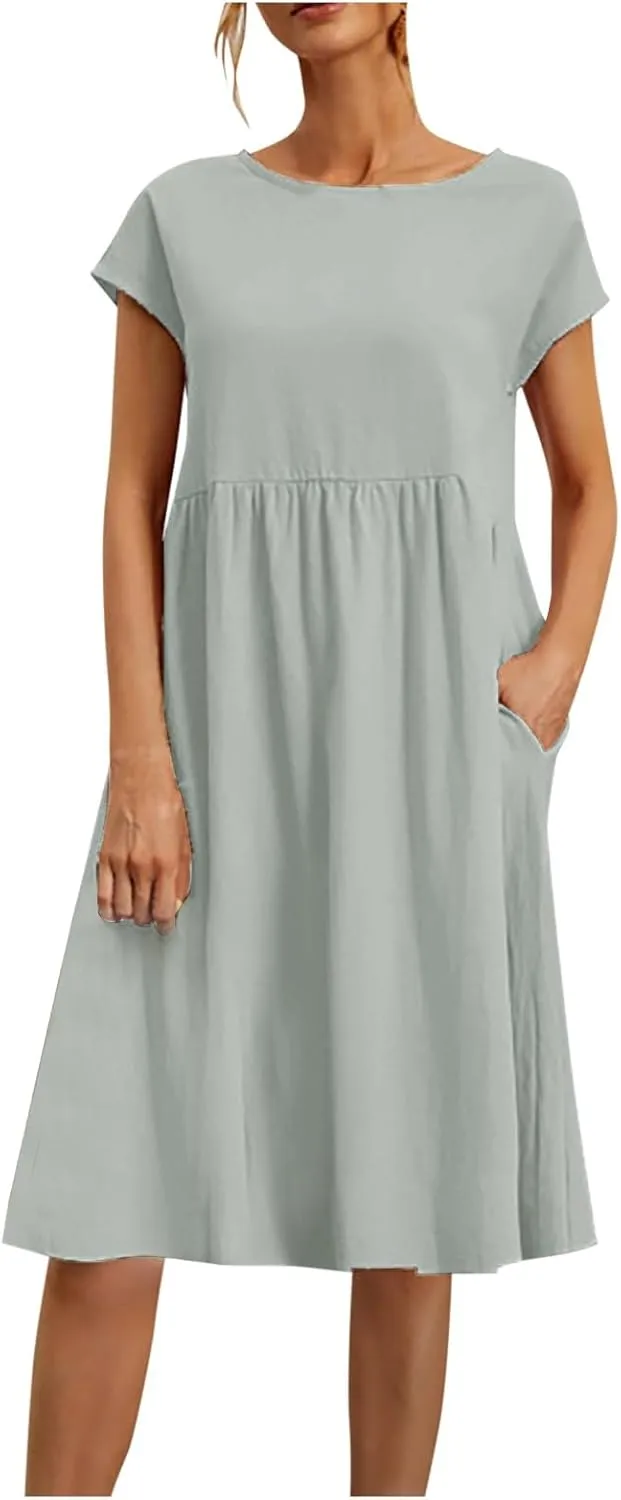 Crew Neck Summer Dresses For Women 2025 Short Sleeve Loose Fit Tunic Beach Dresses Patchwork Solid Shirt Sundress