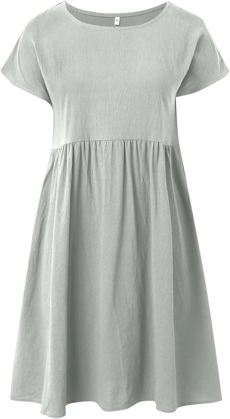 Crew Neck Summer Dresses For Women 2025 Short Sleeve Loose Fit Tunic Beach Dresses Patchwork Solid Shirt Sundress