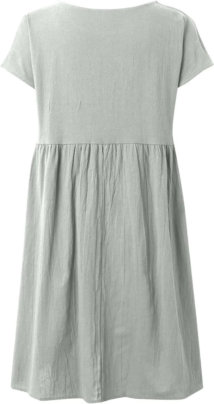 Crew Neck Summer Dresses For Women 2025 Short Sleeve Loose Fit Tunic Beach Dresses Patchwork Solid Shirt Sundress