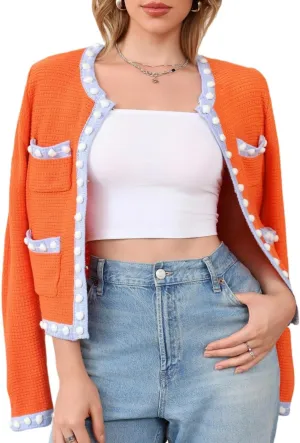 Cropped Cardigan for Women Open Front Jackie O Sweater Jacket Button Down Fall Chunky Knit Coats
