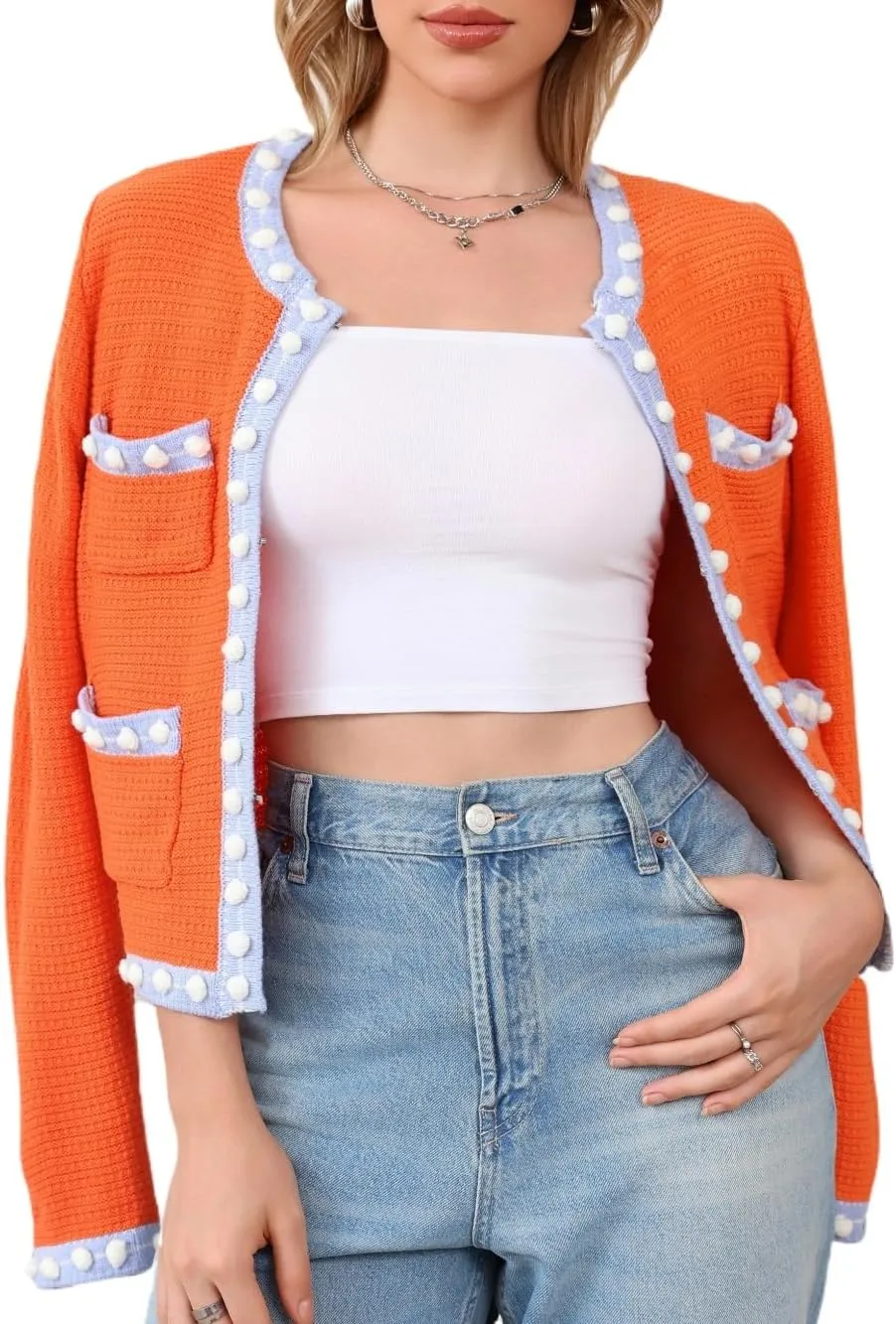 Cropped Cardigan for Women Open Front Jackie O Sweater Jacket Button Down Fall Chunky Knit Coats