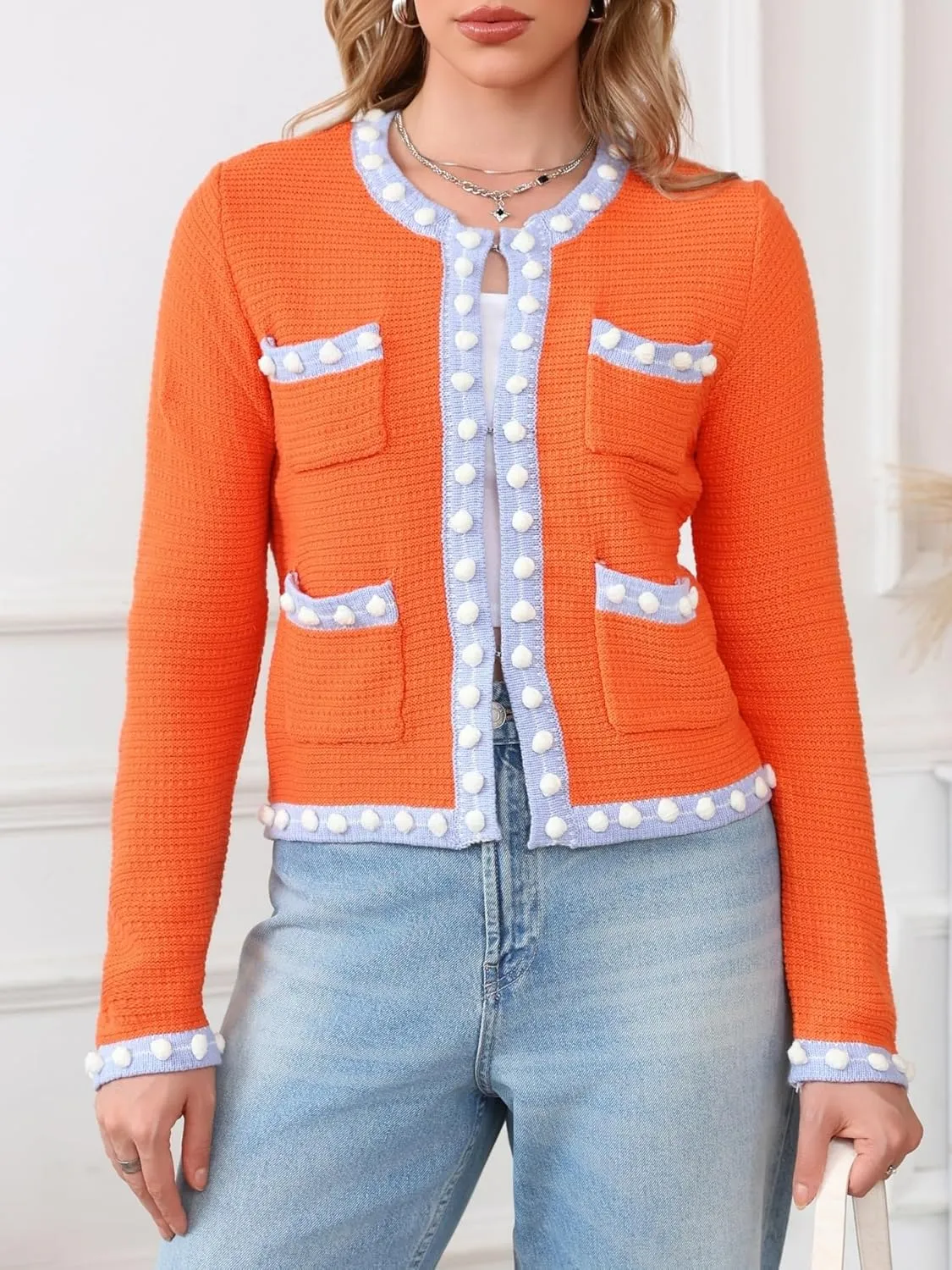 Cropped Cardigan for Women Open Front Jackie O Sweater Jacket Button Down Fall Chunky Knit Coats