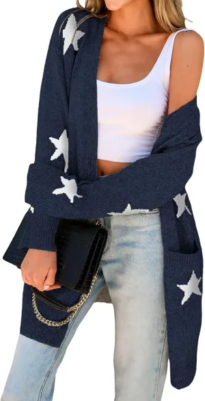 CUPSHE Womens Long Sleeve Open Front Cardigan Sweaters Star Print Button Down Knit Outwear Coat with Pockets