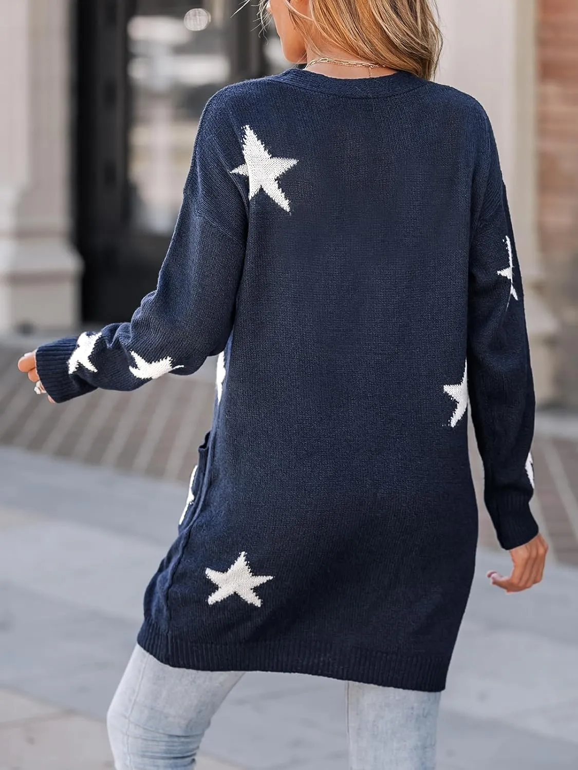 CUPSHE Womens Long Sleeve Open Front Cardigan Sweaters Star Print Button Down Knit Outwear Coat with Pockets