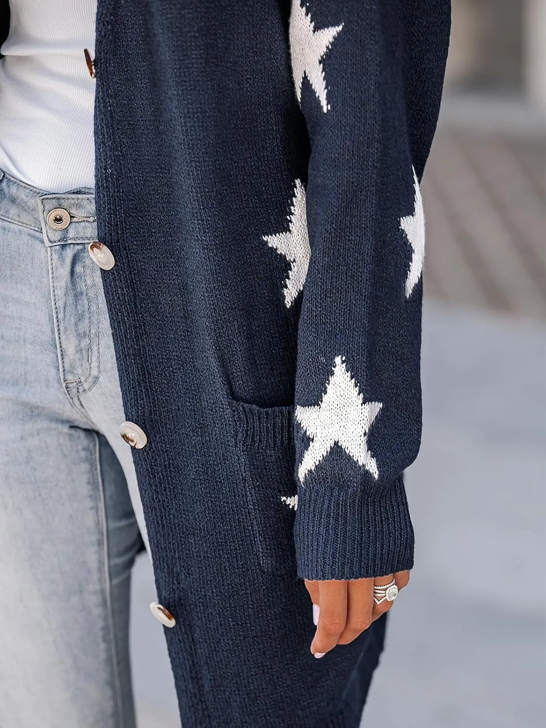 CUPSHE Womens Long Sleeve Open Front Cardigan Sweaters Star Print Button Down Knit Outwear Coat with Pockets