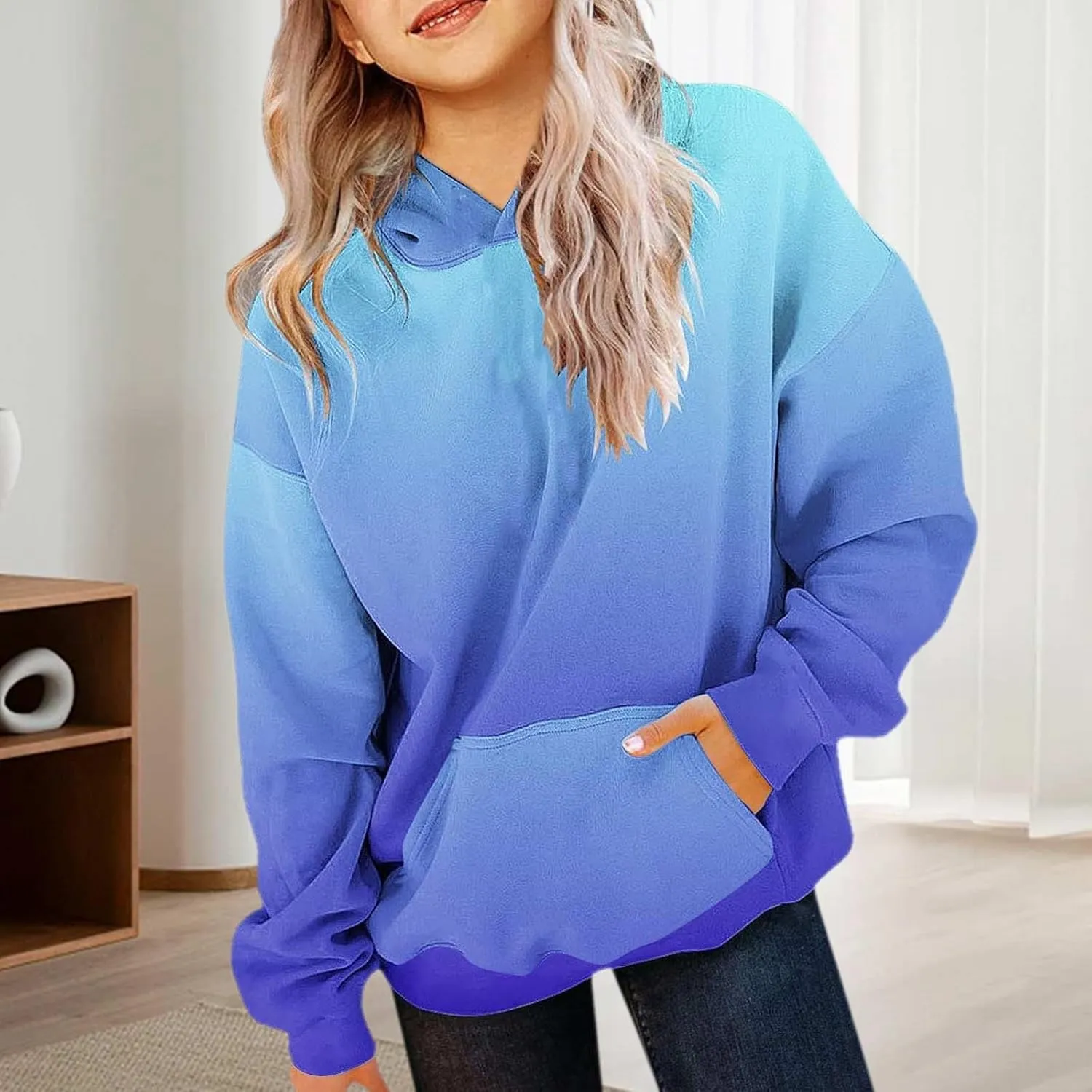 Cute Hoodies for Teen Girls Trendy Preppy Hooded Sweatshirts Oversized Long Sleeve Shirts Gradient Clothes for Girls
