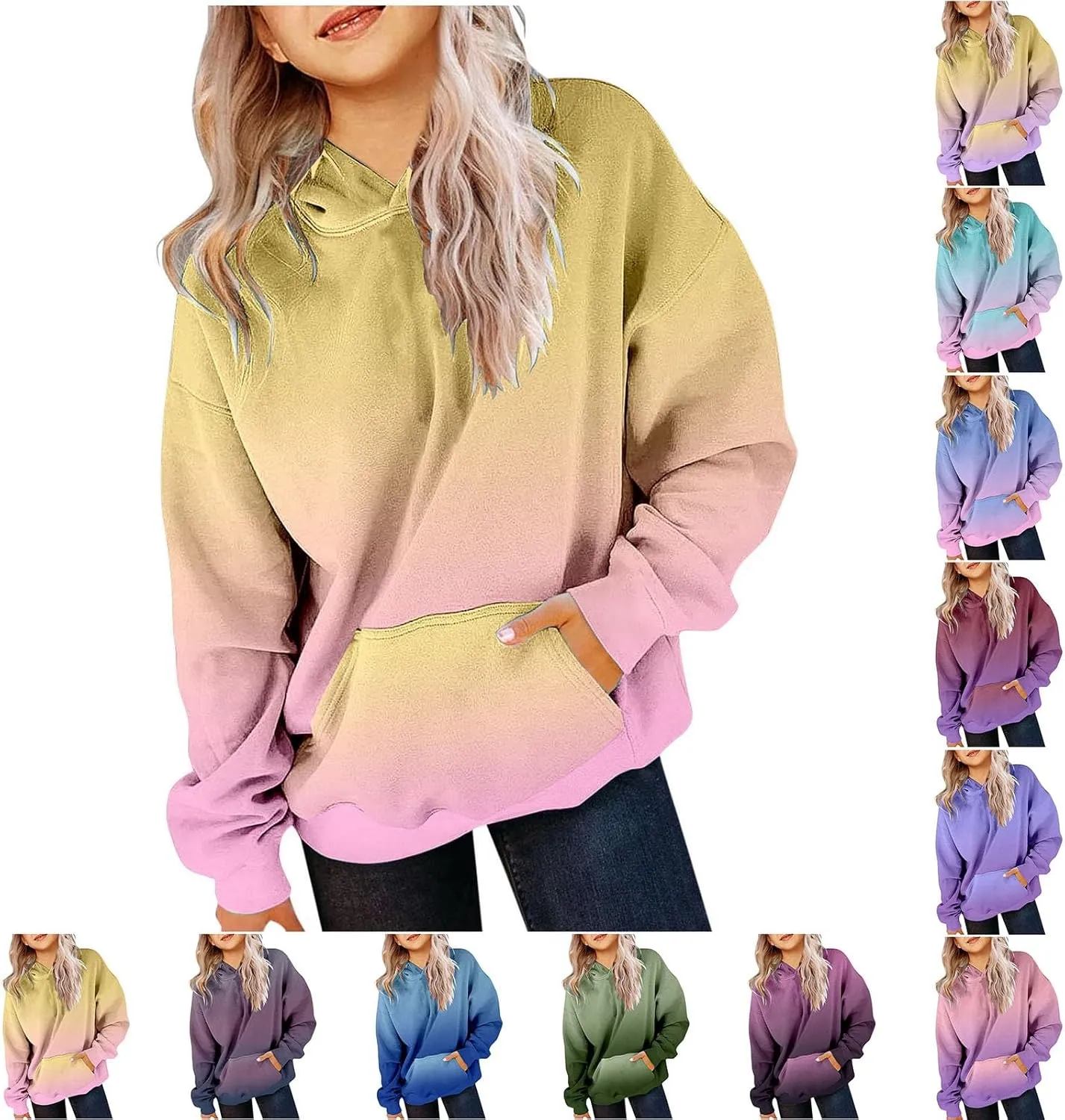Cute Hoodies for Teen Girls Trendy Preppy Hooded Sweatshirts Oversized Long Sleeve Shirts Gradient Clothes for Girls