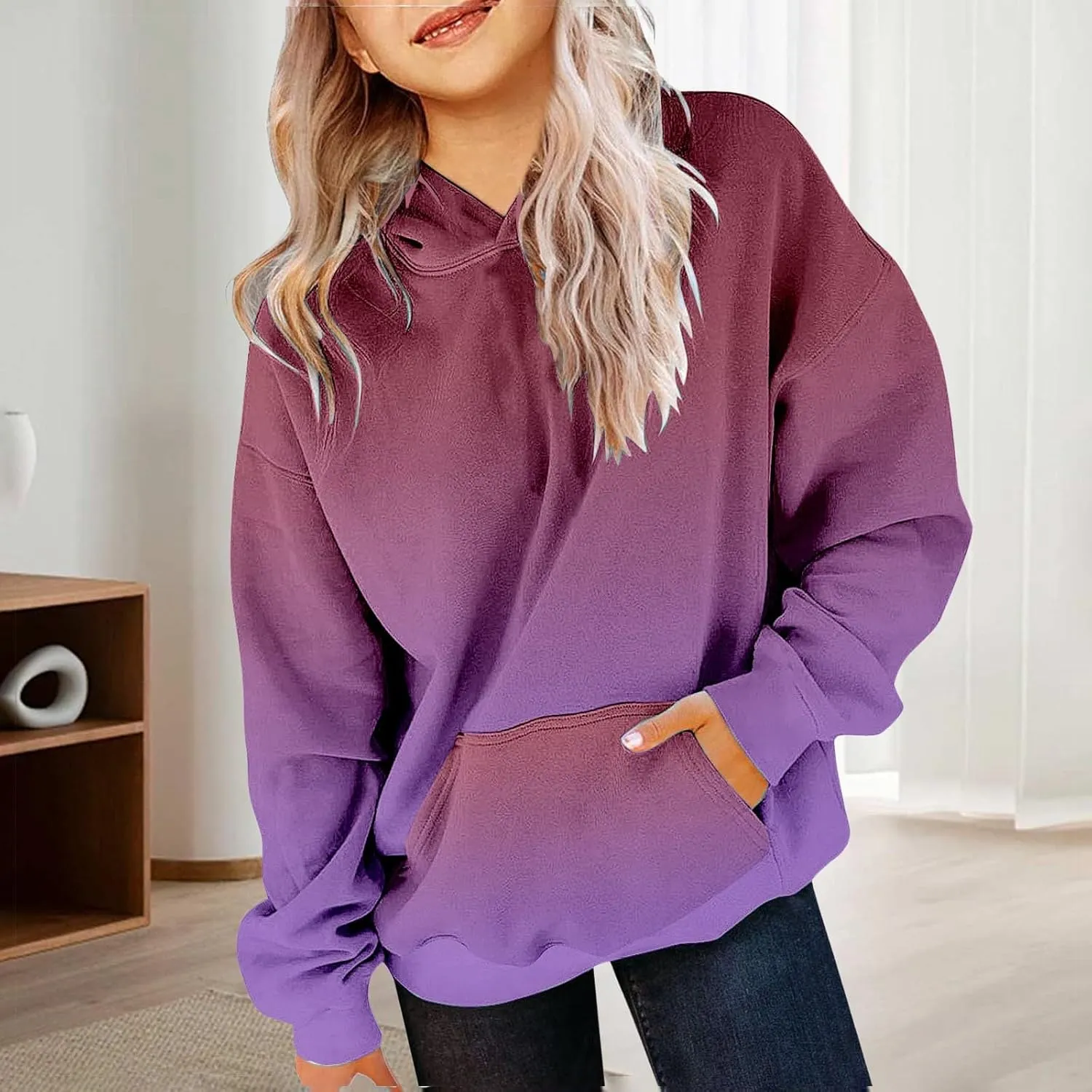 Cute Hoodies for Teen Girls Trendy Preppy Hooded Sweatshirts Oversized Long Sleeve Shirts Gradient Clothes for Girls