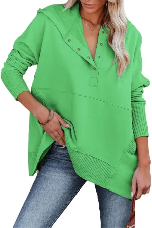 DGHM-JLMY Women Casual Button V Neck Hoodies Loose Thread Hem Hoodie Oversized Pullover Sweatshirt Hooded Tops with Pockets