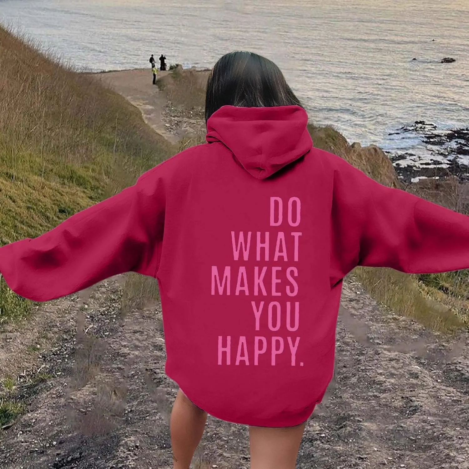 Do What Makes You Happy Print Sweatshirts Womens Oversized Hoodies Long Sleeve Pullover Tops Drawstring Pocket Outfits