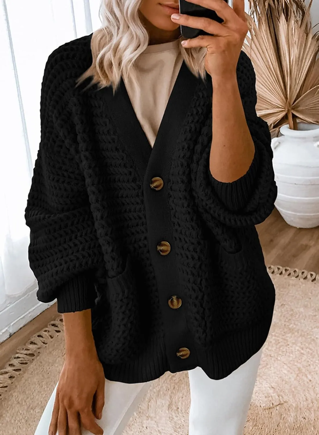 Dokotoo Women's 2025 Fashion Casual Open Front Long Sleeve Chunky Knit Cardigans Sweaters Outerwear Coats