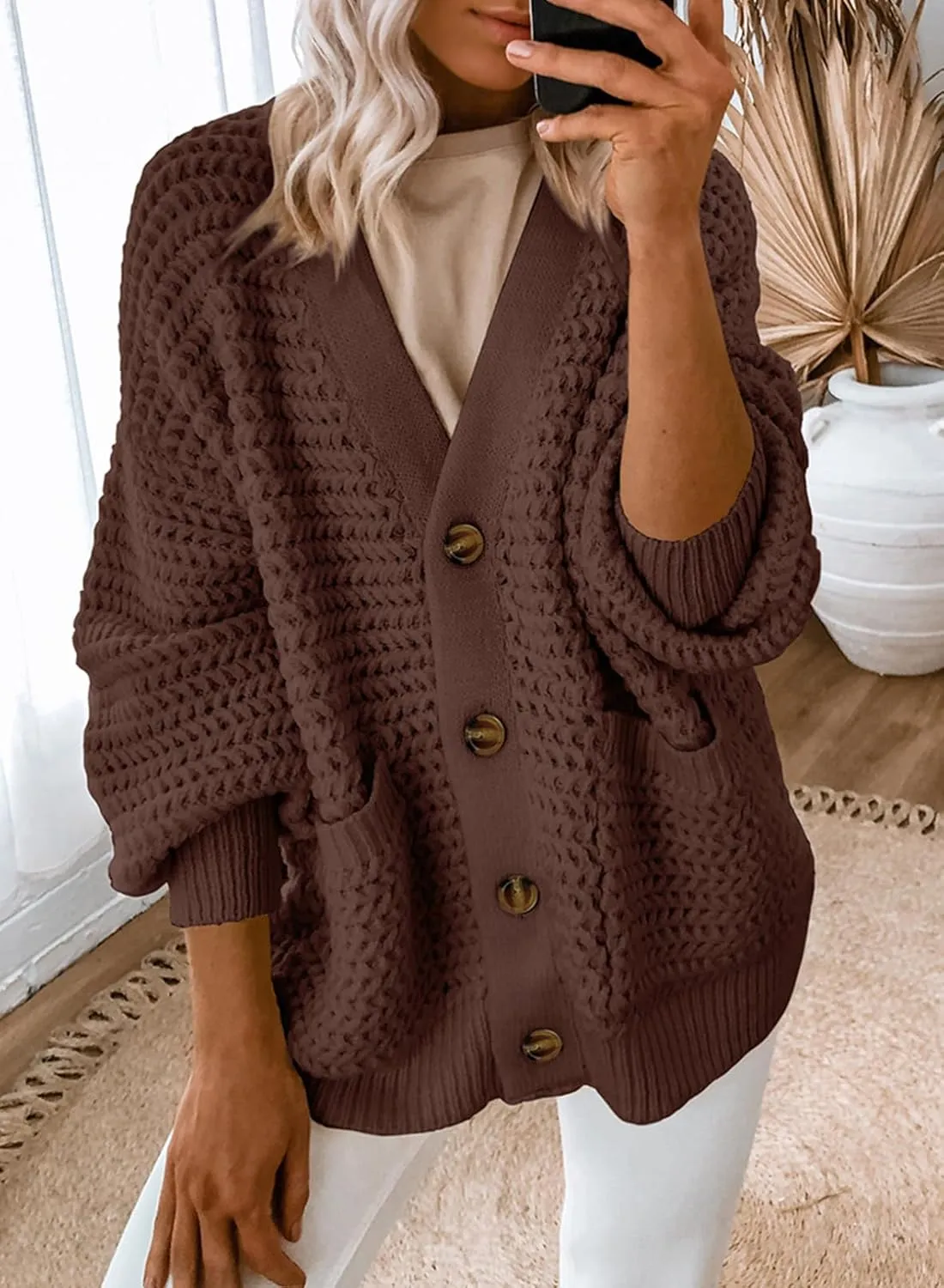 Dokotoo Women's 2025 Fashion Casual Open Front Long Sleeve Chunky Knit Cardigans Sweaters Outerwear Coats
