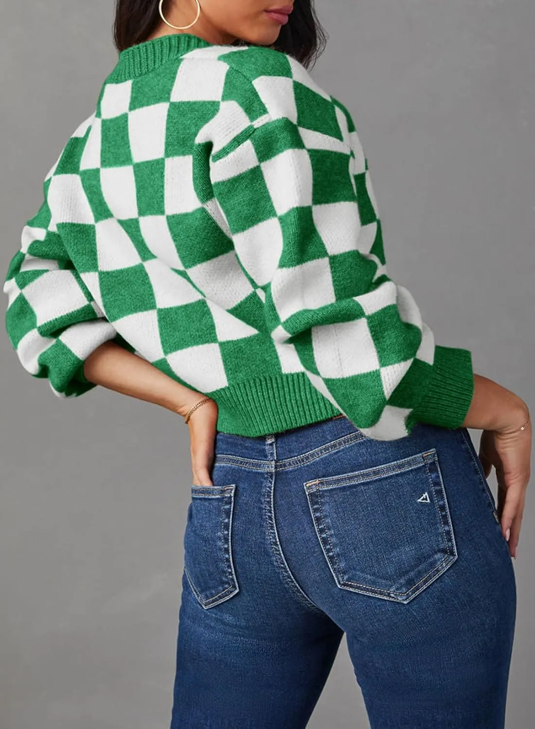 Dokotoo Womens Checkered V Neck Button Down Long Sleeve Cable Knit Cropped Cardigan Sweaters Tops