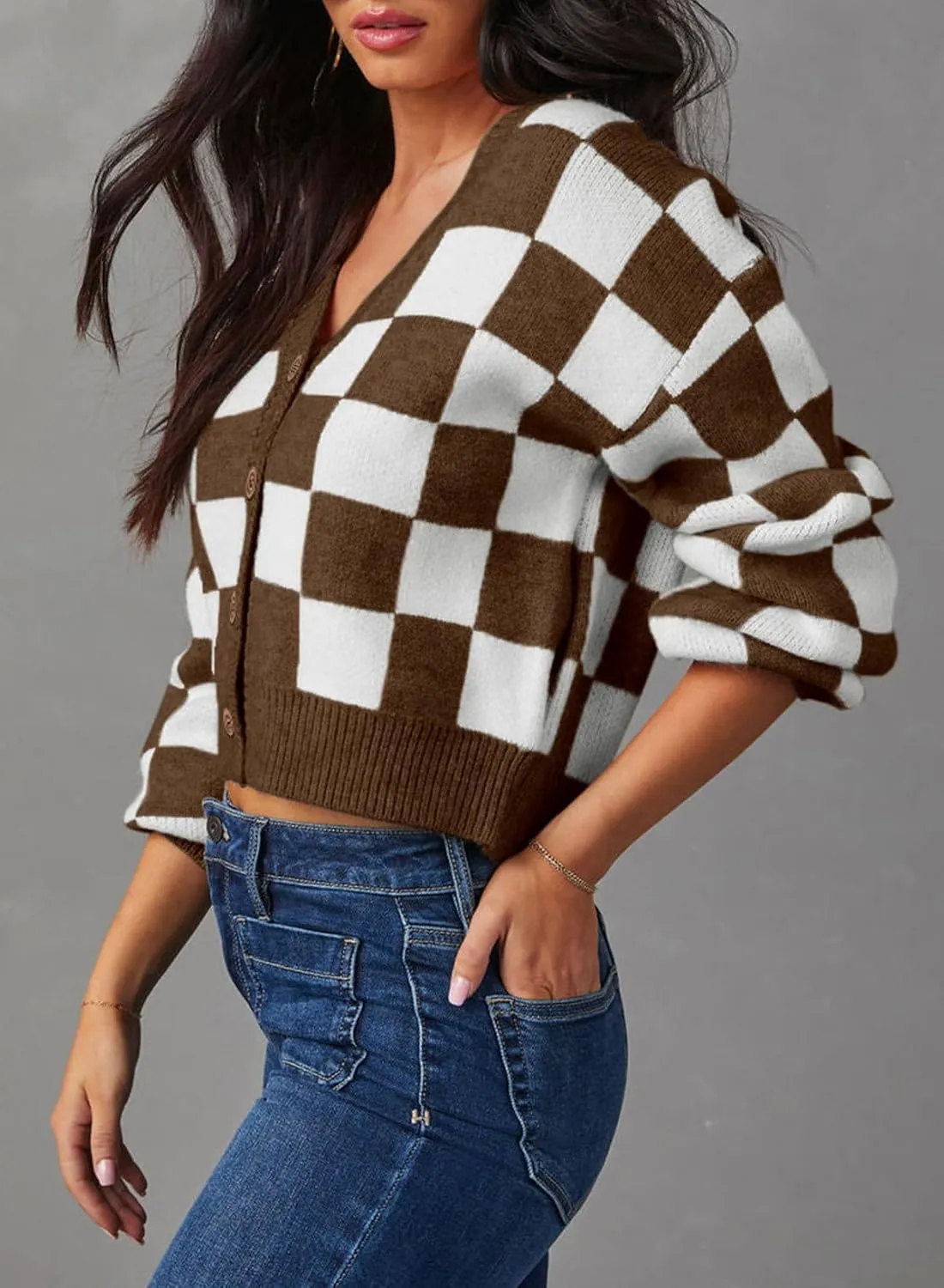 Dokotoo Womens Checkered V Neck Button Down Long Sleeve Cable Knit Cropped Cardigan Sweaters Tops