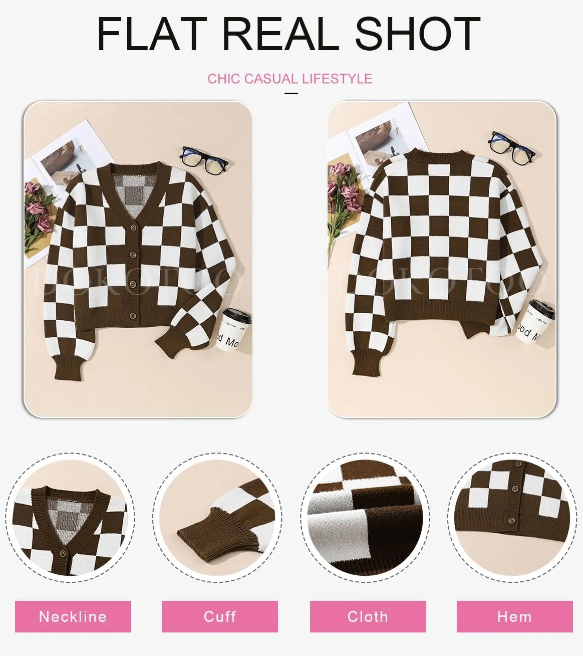 Dokotoo Womens Checkered V Neck Button Down Long Sleeve Cable Knit Cropped Cardigan Sweaters Tops