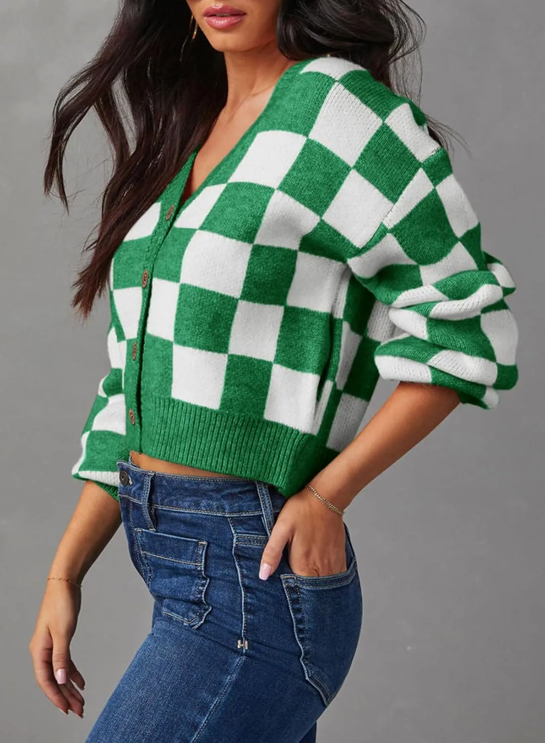 Dokotoo Womens Checkered V Neck Button Down Long Sleeve Cable Knit Cropped Cardigan Sweaters Tops