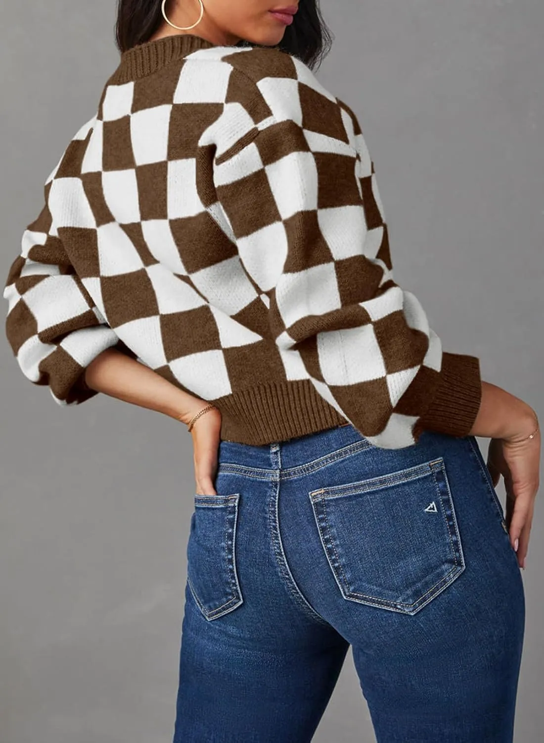Dokotoo Womens Checkered V Neck Button Down Long Sleeve Cable Knit Cropped Cardigan Sweaters Tops