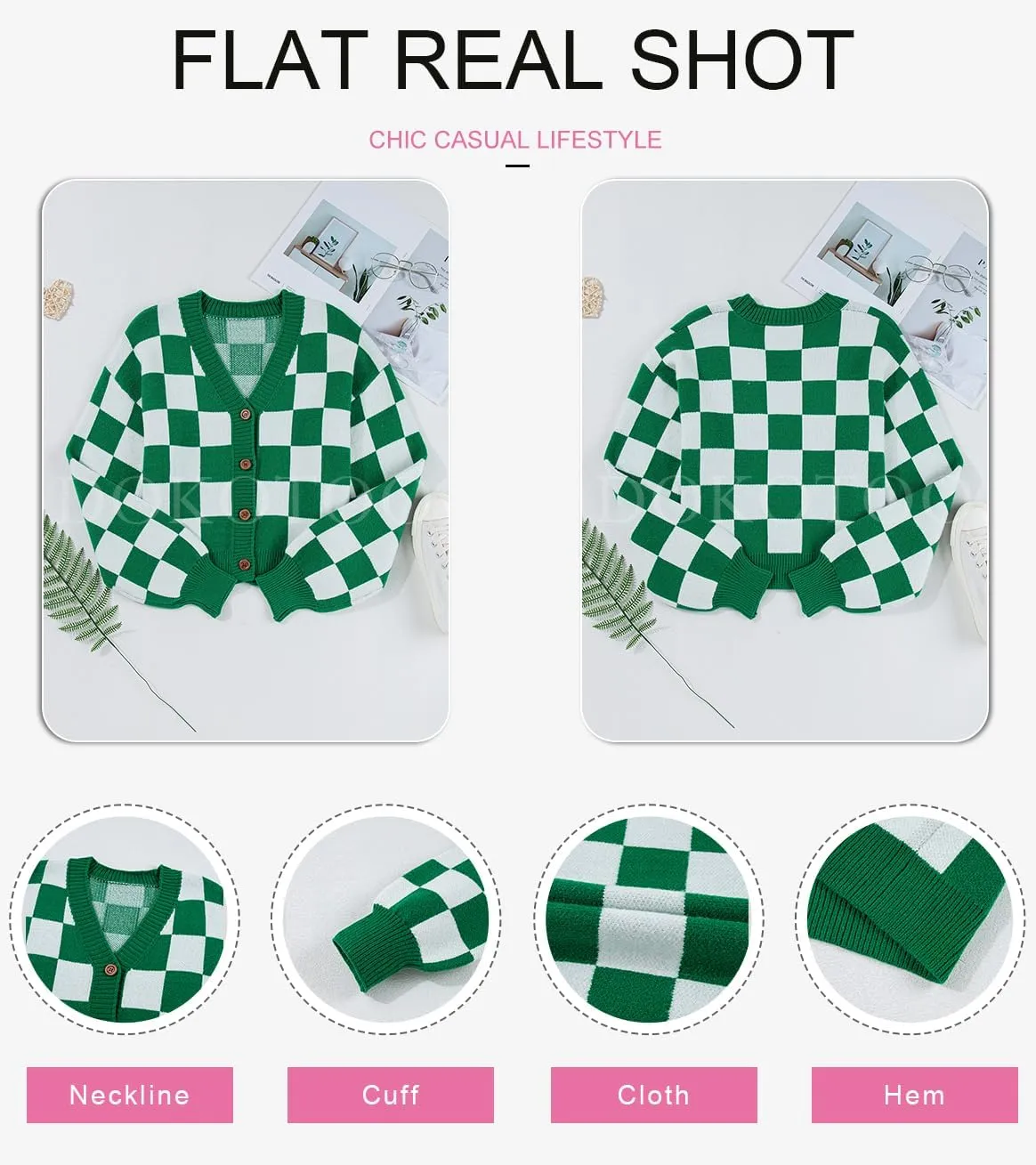 Dokotoo Womens Checkered V Neck Button Down Long Sleeve Cable Knit Cropped Cardigan Sweaters Tops