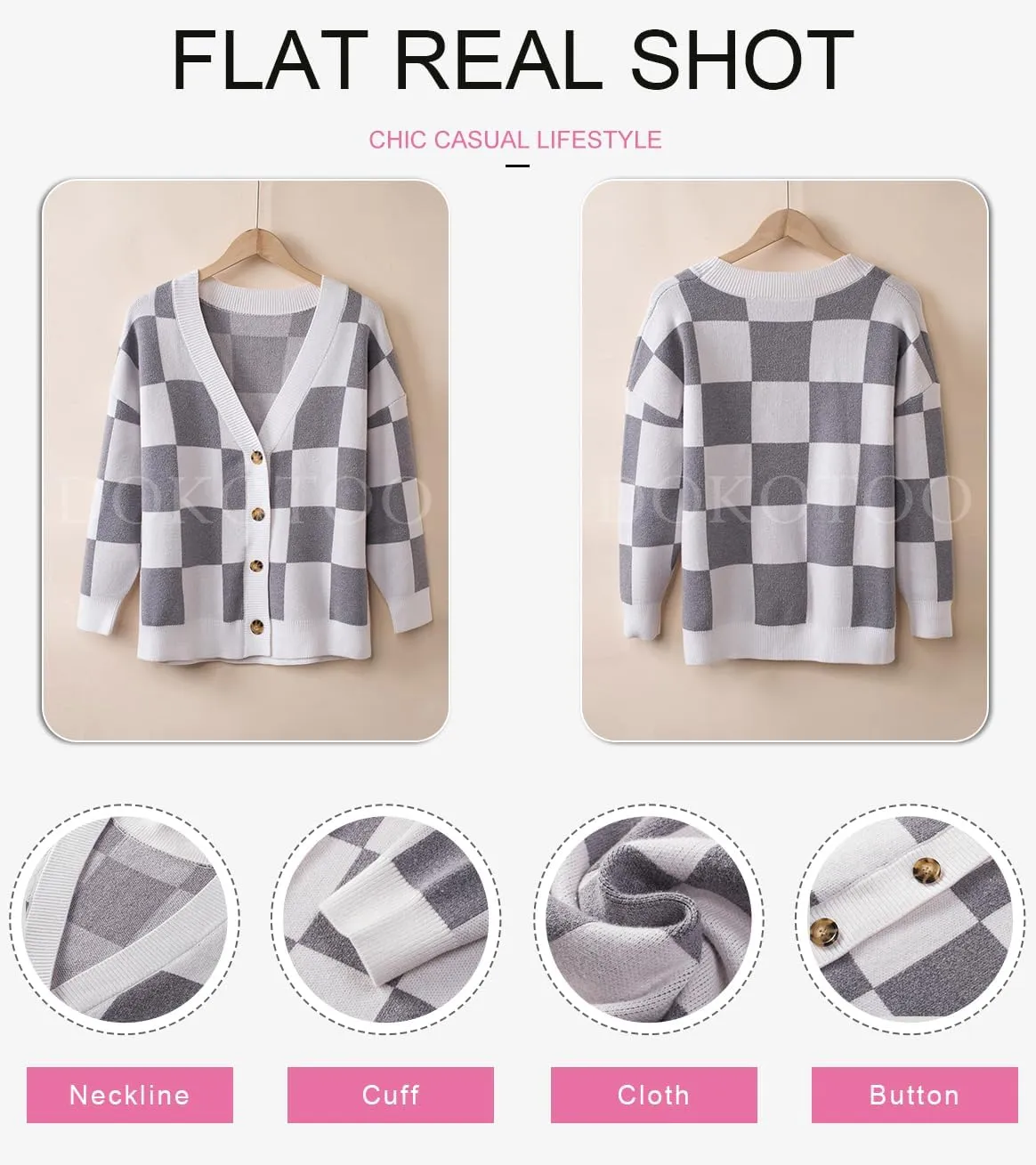 Dokotoo Womens Plaid V Neck Button Down Long Sleeve Cable Knit Oversized Cardigan Sweaters Tops